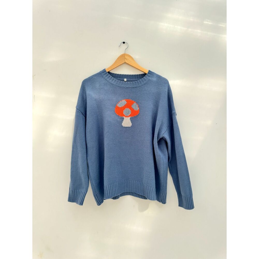SHEIN Mushroom Intarsia Knit Sweater Blue Size Large